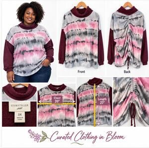 Storyteller Plus Size Burgundy Tie Dye Cowl Neck Top Size 3X